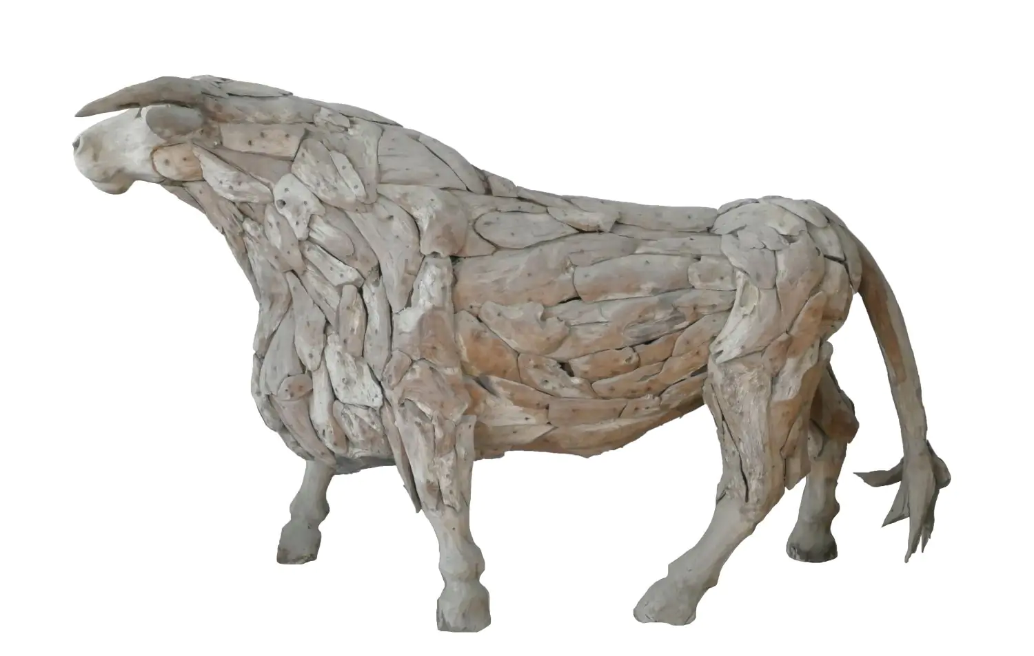  Product image 3 of the product “Standing Bull. Artistic made made from single teak wood pieces. The head is carved wood. The size is 255cm Length. ”